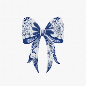 Floral Bow Embroidery Design | Blue Toile-Inspired Bow Stitch | Vintage Bow | Embroidery File | Digital Download | 3 Sizes