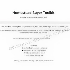 Peut inclure: Document blanc intitulé « Homestead Buyer Toolkit » avec le sous-titre « Land Comparison Scorecard ». Le texte décrit un outil de comparaison de propriétés, comprenant un tableau de bord Excel, un système de notation et des feuilles imprimables.
