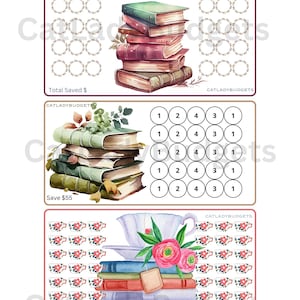 May include: A printable book-themed savings tracker with a stack of vintage books, a teacup, and flowers. The tracker has a section for total savings and a section for daily savings. The text "CATLADYBUDGETS" appears on the tracker.