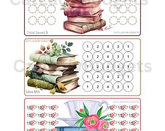 Könnte beinhalten: Ein druckbarer Spar-Tracker zum Thema Bücher mit einem Stapel antiker Bücher, einer Teetasse und Blumen. Der Tracker hat einen Bereich für die Gesamtsparsumme und einen Bereich für die täglichen Ersparnisse. Der Text "CATLADYBUDGETS" erscheint auf dem Tracker.