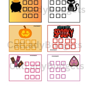 May include: Four printable Halloween bingo cards with different themes. The first card features a black cauldron with green smoke, the second card features a black cat, the third card features a jack-o-lantern, and the fourth card features a pink Ouija board. Each card has a title and nine blank squares for bingo numbers.
