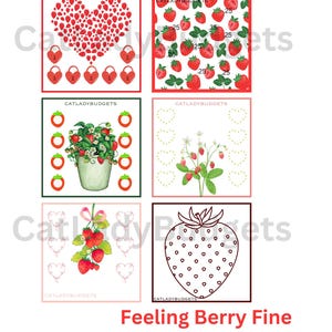 May include: A collection of strawberry-themed designs. The designs include a heart made of strawberries, strawberry patterns, a strawberry plant in a pot, and a large strawberry outline. The text "Feeling Berry Fine" is at the bottom.