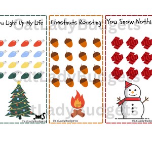 Può includere: Tre biglietti di Natale stampabili con un design festoso. Il primo biglietto presenta un albero di Natale con luci e il testo "You Light Up My Life". Il secondo biglietto presenta un falò con castagne e il testo "Chestnuts Roasting". Il terzo biglietto presenta un pupazzo di neve e il testo "You Snow Nothing".