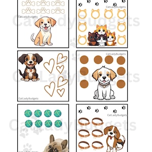 May include: Four printable dog themed reward charts with the text "CatLadyBudgets" at the bottom of each chart. The charts feature paw prints, hearts, tennis balls, and collars. Each chart has a different dog breed illustration.