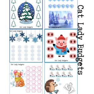 Op de afbeelding: Een verzameling winterthema-illustraties, waaronder een besneeuwde kerstboom, sneeuwvlokken, een aquarel landschap, een varken in een winterjas, een kat met een hoed, pootafdrukken, schaatsen en een egel op schaatsen. De tekst "Cat Lady Budgets" is aanwezig.