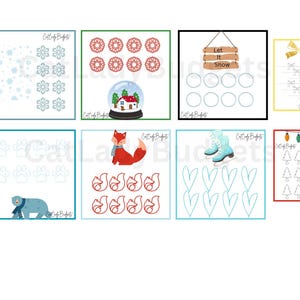 Può includere: Un set di dieci fogli di attività di conteggio stampabili a tema invernale. Ogni foglio presenta un'immagine diversa a tema invernale, come fiocchi di neve, impronte di zampe e cuori, con un numero di spazi da contare. I fogli sono perfetti per i bambini della scuola materna e dell'asilo per esercitarsi a contare.