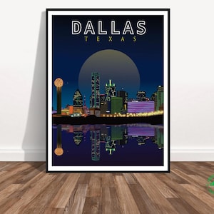 Impression d'affiche de la ville de Dallas, au Texas, art moderne de la ligne d'horizon de Dallas, carte de Dallas, décoration murale, art de l'état de l'étoile solitaire, cadeau de Dallas personnalisé, impression de paysage urbain urbain