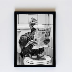 Cute Funny Bathroom Decor Animal Wall Art Funny Bathroom Print Wall Decor Black & White Turkey on Toilet Reading Newspaper Humorous-4039