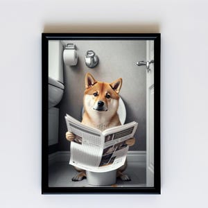 Cute Funny Bathroom Decor Animal Wall Art Funny Bathroom Print Wall Decor Shibu Inu Dog on Toilet Reading Newspaper Humorous-4070