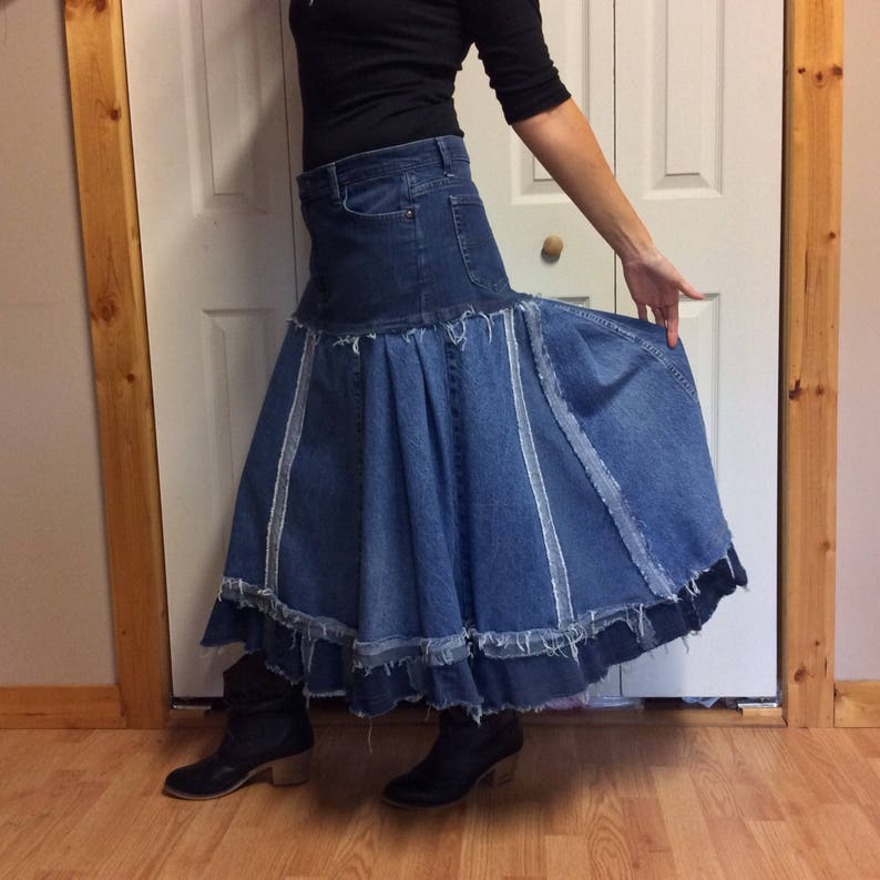 Upcycled Denim Maxi Skirt/Recycled Blue Jean Skirt/Midi | Etsy