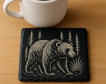 Black Bear Slate Coaster – Engraved Wildlife Stone Coaster, Rustic Cabin Cottage Decor, Canadian Bear Art, Nature Drink Coaster
