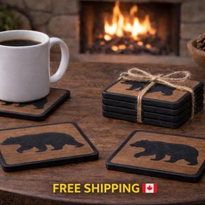 Bear Wood Coasters – Rustic Cabin Coffee Coasters, Wooden Wildlife Drink Coasters, Lodge & Cottage Decor