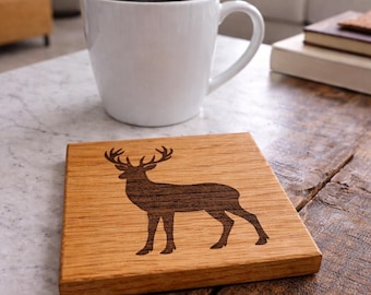 Hirsch Laser gravierte Untersetzer - Getränkeuntersetzer aus massiver Eiche, rustikale Cabin & Cottage-Dekor, Wildtier Geschenk, Woodland Home Style