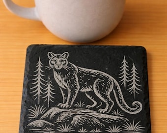 Cougar Mountain Lion Slate Coaster – Engraved Wildlife Stone Coaster, Rustic Cabin / Cottage Decor, Panther Forest Art, Nature Gift