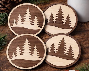 Wood Tree Coasters Set of 4 – Walnut & Maple Laser Cut Coasters – Rustic Cabin Cottage Drink Coasters – Canadian Made