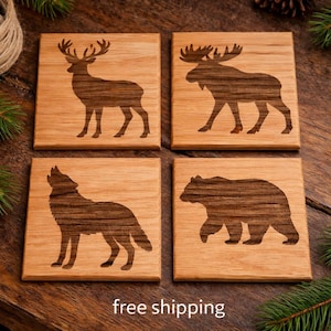 Oak Animal Coasters Set of 4 – Deer Moose Wolf Bear, Rustic Cabin Decor, Engraved Oak Wood