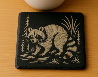 Raccoon Slate Coaster | Rustic Wildlife Decor | Woodland Animal Coaster | Cottage Cabin Gift | Laser Engraved Stone
