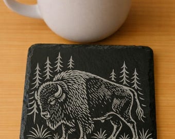 Bison Buffalo Slate Coaster – Engraved Wildlife Stone Coaster, Rustic Cabin / Cottage Decor, Western Nature Gift, Bison Art Drink Coaster