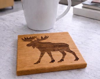 Moose Laser Engraved Coaster – Solid Oak Drink Coaster, Rustic Cabin & Cottage Decor, Wildlife Gift, Woodland Home Style