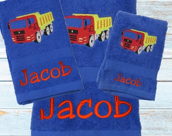 Personalized Dump Truck Towel Set: Embroidered Kids Bathroom Decor