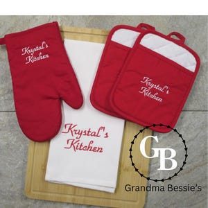 Juego de cocina personalizado, guante de horno, agarrador de ollas, juego de toallas de cocina, regalo de cocina bordado, juego de regalo con monograma