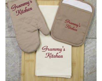 Grammy Gift, Oven Mitt, Pot Holder, Towel, Personalized Baking Set, Christmas Gift, Embroidered