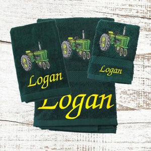 Personalized Green Tractor Embroidered Towel Set: Cotton Bath, Hand & Washcloth