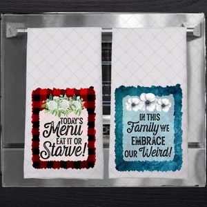 Funny Kitchen Towels-Today&#39;s Menu-In This Family - Sarcastic Kitchen Decor, Hostess Gift, Wedding Shower, Hand Towel, Dish Towel