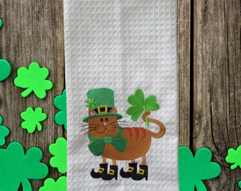 St Patrick Day Cat Themed Waffle Weave Kitchen Towel, Embroidered, Home Decor, Gift, Vintage, Farmhouse