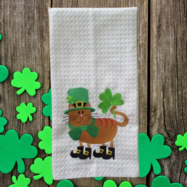 St Patrick Day Cat Themed Waffle Weave Kitchen Towel, Embroidered, Home Decor, Gift, Vintage, Farmhouse