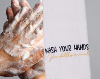 Embroidered Hand Towel: Funny Bathroom Decor - "Wash Your Hands"