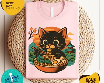 Noodle Cat Shirt | Ramen Cat T-Shirt | Foodie Lover Shirts | Black Cat Noodle T-Shirts | Retro Cat Tees | Cat Lover Shirts | Black Cat Tee