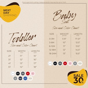 The image is a promotional flyer for a clothing store, displaying size and color charts for toddler and baby suits. The flyer includes a sale offer of 30% off on the baby suit.