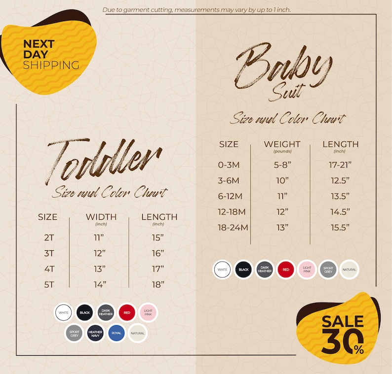 The image is a promotional flyer for a clothing store, displaying size and color charts for toddler and baby suits. The flyer includes a sale offer of 30% off on the baby suit.