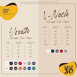 The image is a promotional graphic for a clothing store, displaying size and color charts for youth and v-necks. The chart provides the size and color options for each category, with corresponding width and length measurements. The image also includes a sale promotion of 30% off.