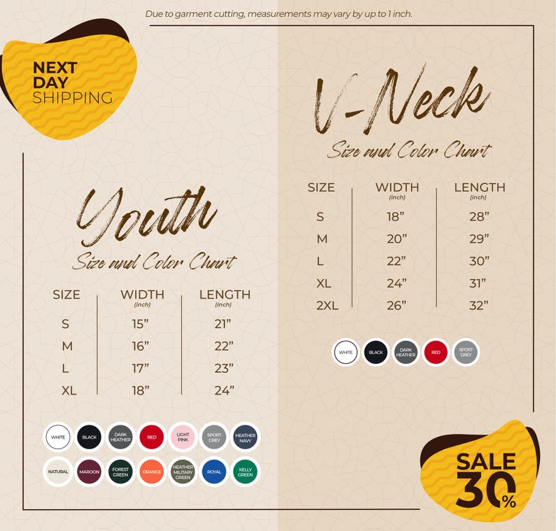 The image is a promotional graphic for a clothing store, displaying size and color charts for youth and v-necks. The chart provides the size and color options for each category, with corresponding width and length measurements. The image also includes a sale promotion of 30% off.