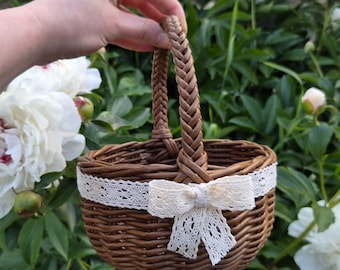 Brown flower girl basket Small petals wedding basket with lace