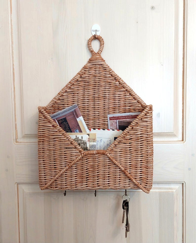 Large Mail and Key Holder Wall Basket Wicker Organizer for Entryway image 1