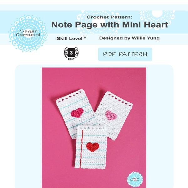 PDF Crochet Pattern Note Page with Mini Heart - cheer up cute I love you valentine pocket size hot pink red gift for her him friend kid diy