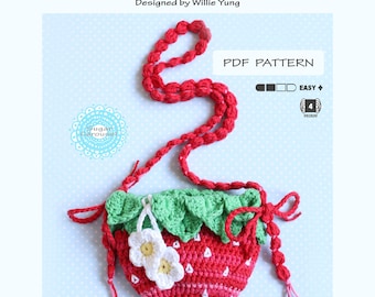 PDF Crochet Pattern Strawberry Bag - cute kawaii little girl kid women lolita princess flower fruit purse tutorial diy craft kit play prop