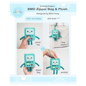 PDF Crochet Pattern BMO Zipper Bag & Plush diy craft adventure time cute robot cartoon kids soft stuffed toy pouch purse amigurumi novelty image 1