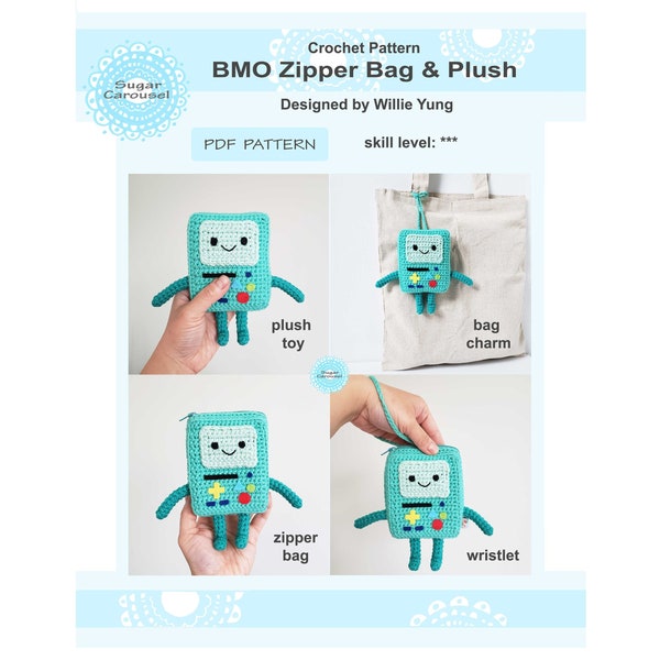 PDF Crochet Pattern BMO Zipper Bag & Plush - diy craft adventure time cute robot cartoon kids soft stuffed toy pouch purse amigurumi novelty