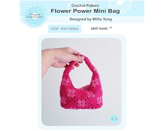 PDF Crochet Pattern Flower Power Mini Bag - Hot Pink fun retro 90s y2k cute floral evening causal prom handbag colorful formal dance party