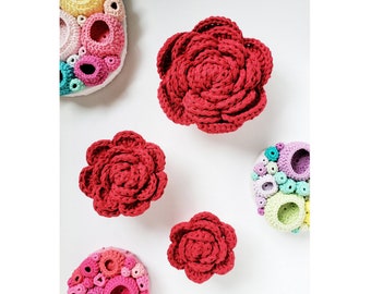 Set of 3 Wall Flowers - Dark Red - textile art rose peony daisy stylized fiber soft sculpture colorful absract christmas interior home decor
