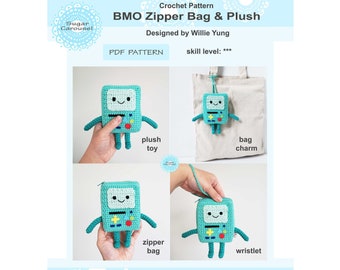 PDF Crochet Pattern BMO Zipper Bag & Plush - diy craft adventure time cute robot cartoon kids soft stuffed toy pouch purse amigurumi novelty