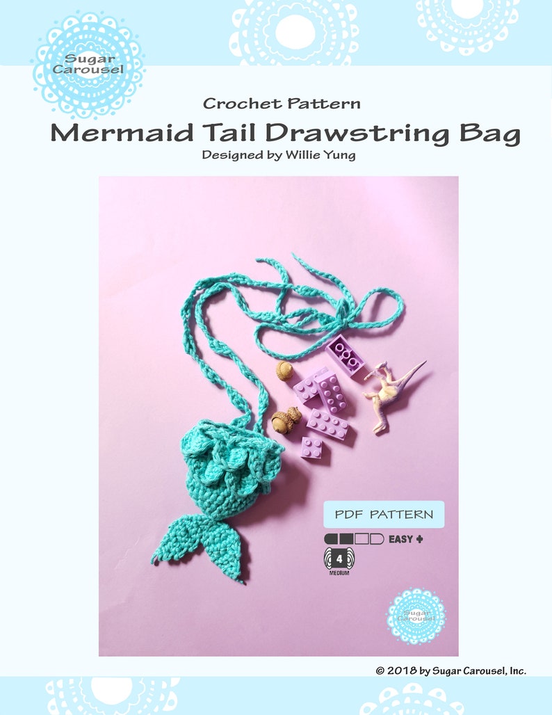 PDF Crochet Pattern Mermaid Tail Drawstring Bag cute bridal wedding baby shower party flavor kid girl easy purse lipstick holder tutorial image 1