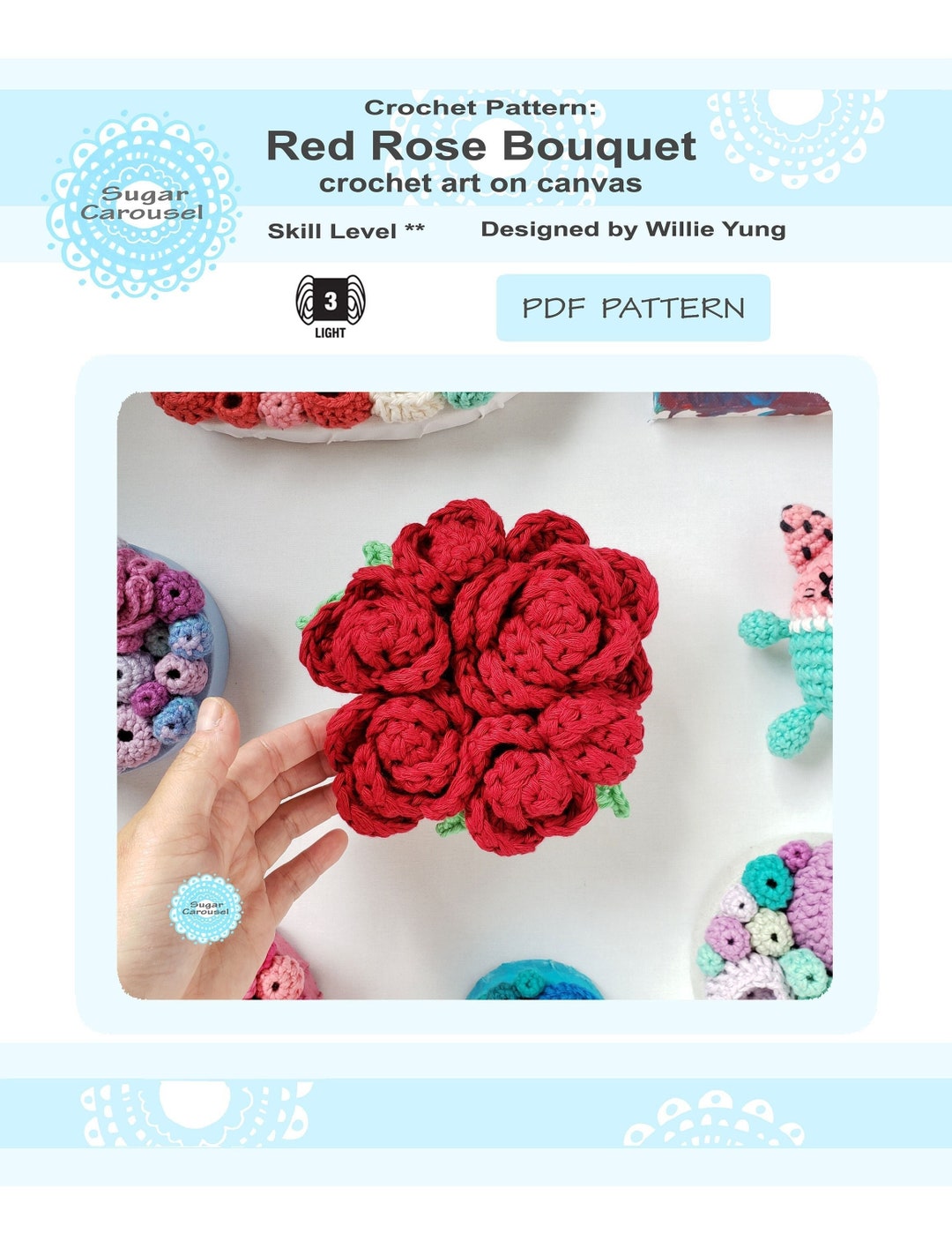 Pdf Crochet Pattern Red Rose Bouquet Wall Art Instruction Etsy