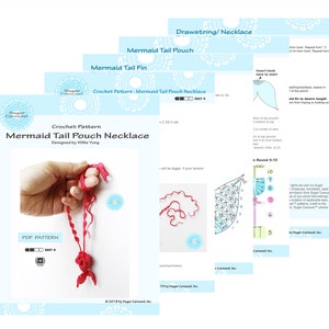 May include: Crochet pattern for a mermaid tail pouch necklace. The pattern is easy to follow and includes instructions for making the pouch and the drawstring necklace. The pattern is designed by Willie Yung and is available as a PDF download.