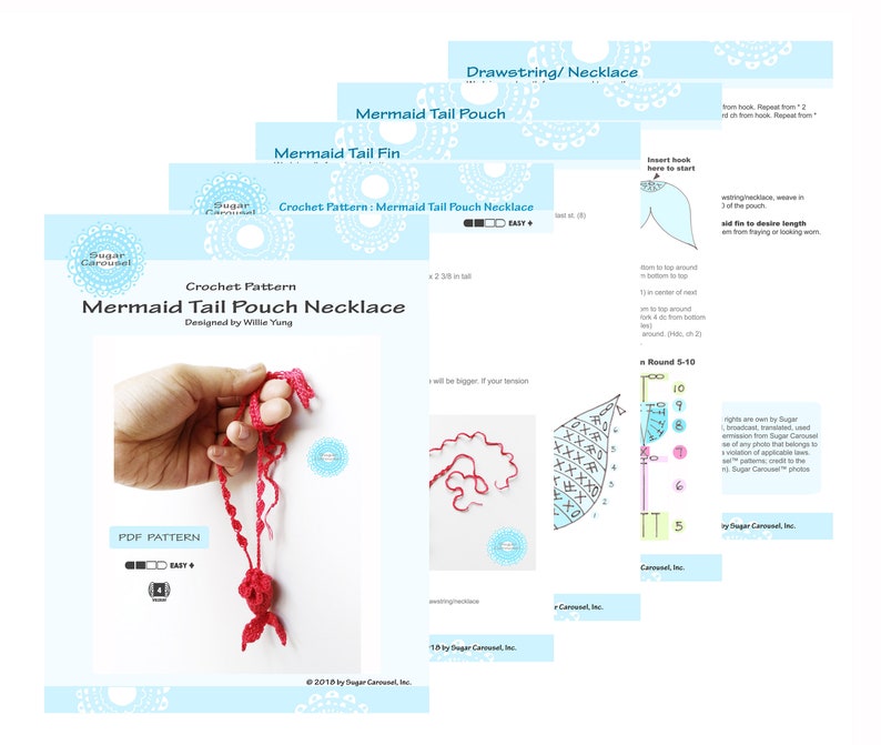 May include: Crochet pattern for a mermaid tail pouch necklace. The pattern is easy to follow and includes instructions for making the pouch and the drawstring necklace. The pattern is designed by Willie Yung and is available as a PDF download.