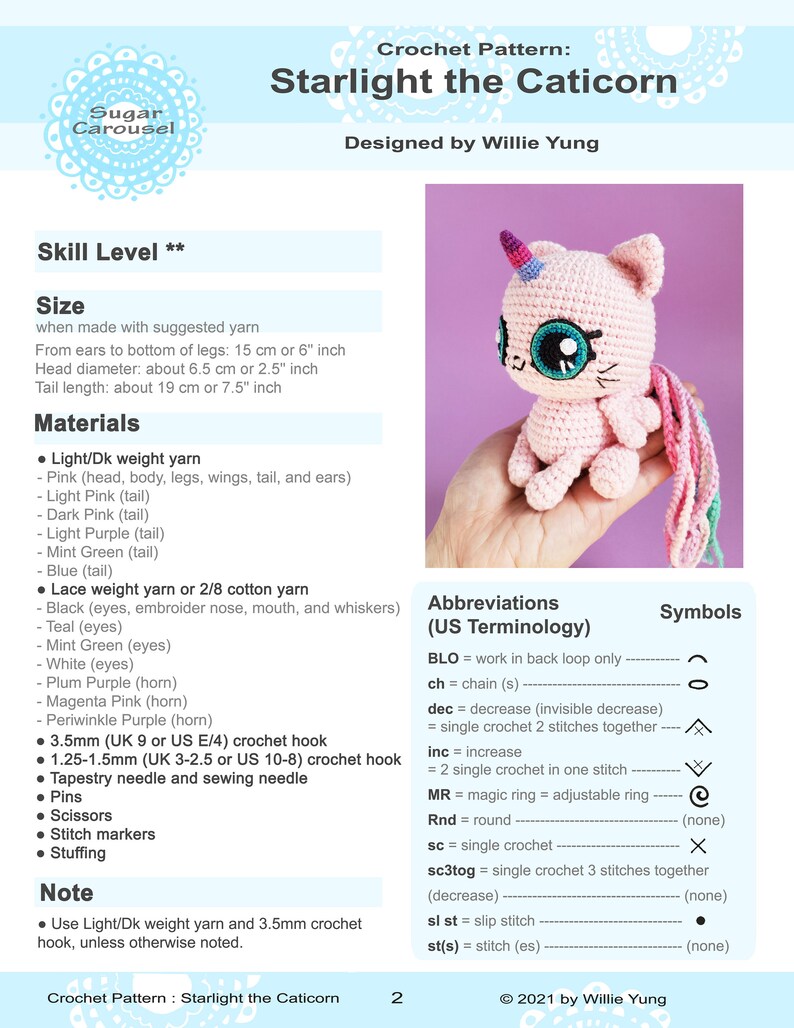 PDF Crochet Pattern Starlight the Caticorn cute unicorn cat stuffed animal magical pink kawaii amigurumi toy baby boy girl gift tutorial image 2